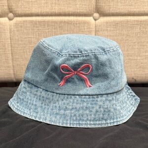 Light Blue Denim Bucket Hat with Pink Bow Embroidery